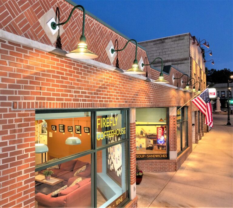 Firefly Exterior 3 June 2021 commercial exterior retail coffee shop Cherokee LED Uplight Gooseneck 18in 307 Emerald Green G24arm Ribbed Glass