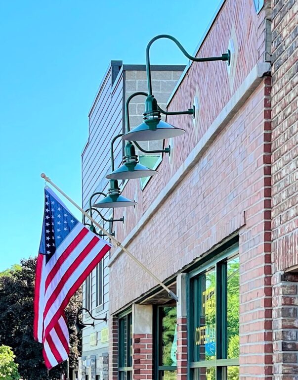 Firefly Exterior 5 June 2021 commercial exterior retail coffee shop Cherokee LED Uplight Gooseneck 18in 307 Emerald Green G24arm Ribbed Glass