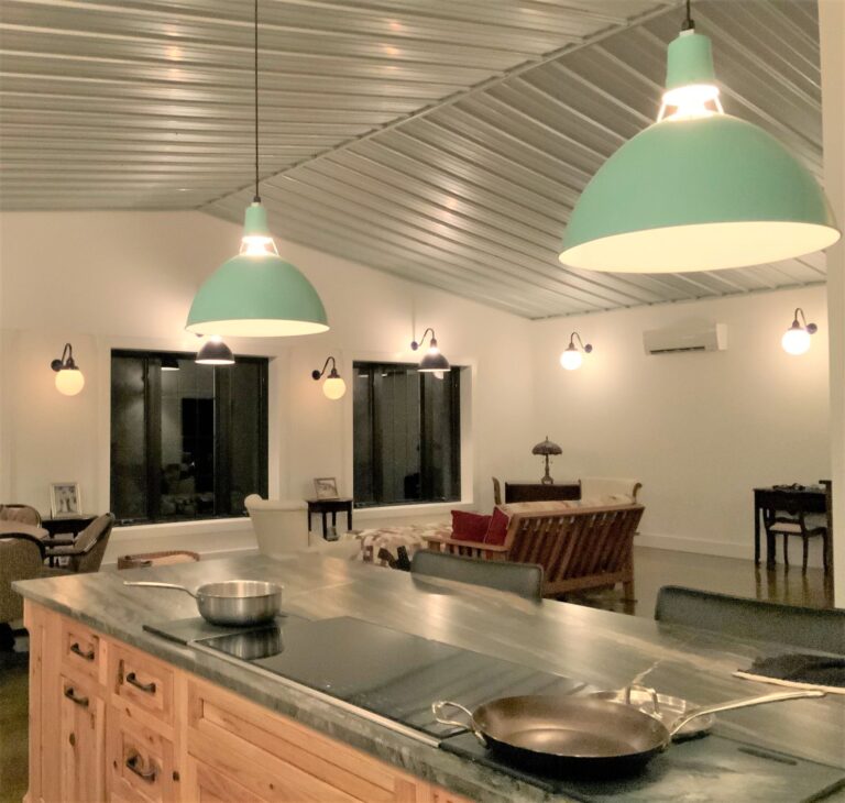 IMG 2329 residential interior lighting kitchen Round Schoolhouse Gooseneck Light Opaque 710 Cobalt G26arm Wilcox Uplight Pendant 20in 311 Jadite