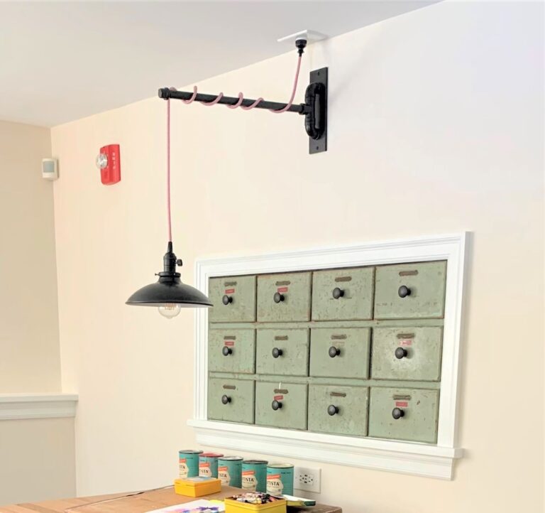 IMG 9925 residential interior craft room lighting Sinclair Swing Arm Sconce 100 Black Red Chevron Cord Black Paddle Switch 2