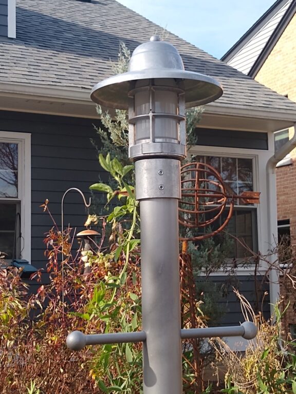 IMG 20211120 115644670 residential exterior lighting yard Atomic Industrial Guard Post Mount Light 975 Galvanized Frosted Glass