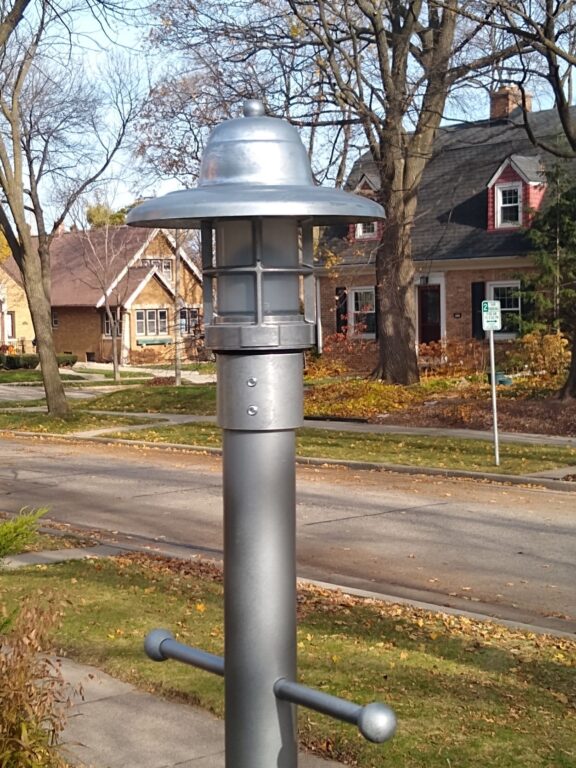 IMG 20211120 115741955 residential exterior lighting yard Atomic Industrial Guard Post Mount Light 975 Galvanized Frosted Glass