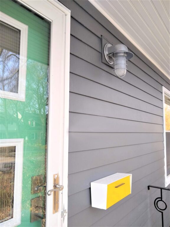 IMG 20211120 115905024 EDIT residential exterior lighting porch entryway Streamline Industrial Guard Sconce 975 Galvanized Flared Wire Guard Frosted Glass