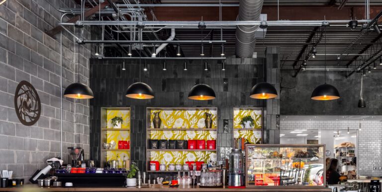 Biggerstaff Brewing 1 commercial interior bar restaurant brewery Loma Pendant Light 16in 105 Textured Black 930 Painted Aged Brass SBK 2