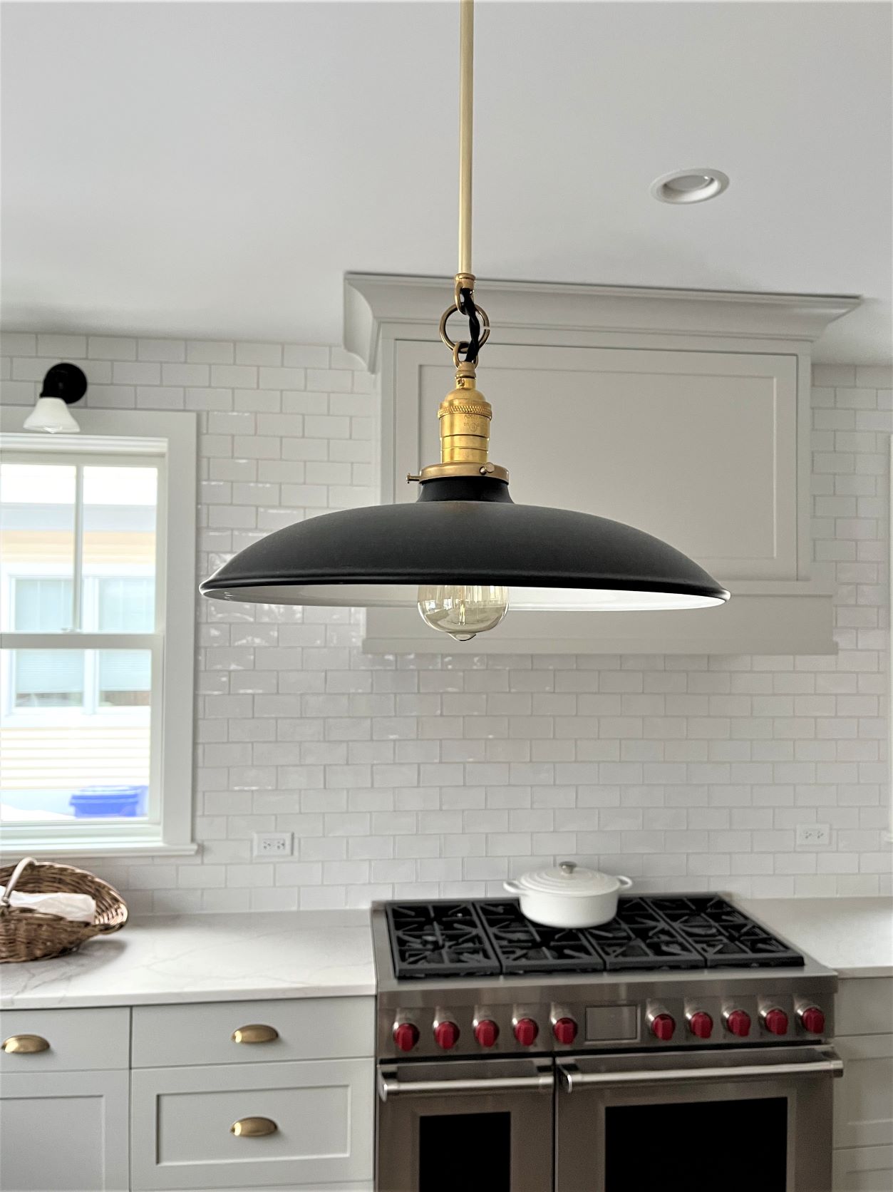 island range hood and pendant lights