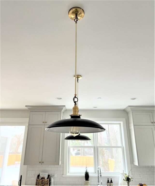 IMG 5729 residential interior lighting kitchen island Sinclair Stem and Loop Pendant 12in 106 Matte Black Black Cotton Twist Brass Socket 24in stem
