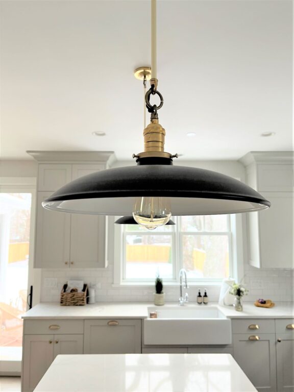 IMG 5730 residential interior lighting kitchen island Sinclair Stem and Loop Pendant 12in 106 Matte Black Black Cotton Twist Brass Socket 24in stem