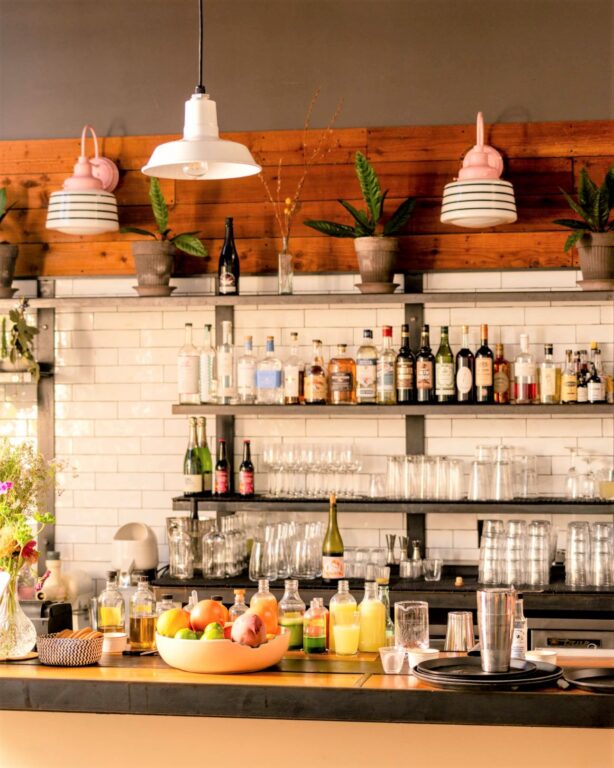 bar The Lede commercial interior bar restaurant lighting Drum Schoolhouse Sconce Opaque 480 Blush Pink Four Painted Band 100 Black