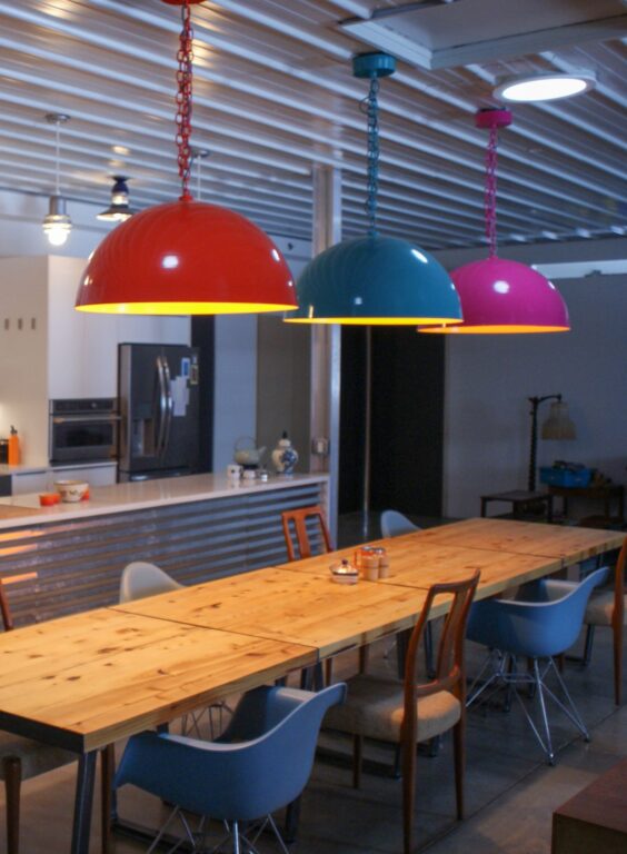 DSC00004 residential interior dining kitchen lighting Loma Pendant 28in 490 Magenta 420 Orange 390 Teal 570 Sunflower shade interior grey cloth cord edit