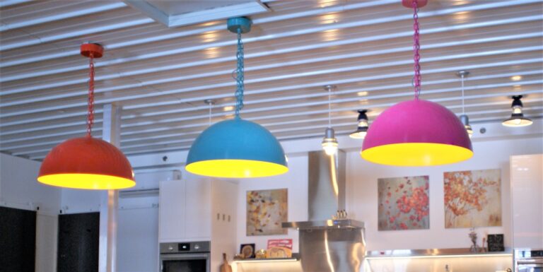 DSC00004D residential interior dining kitchen lighting Loma Pendant 28in 490 Magenta 420 Orange 390 Teal 570 Sunflower shade interior grey cloth cord