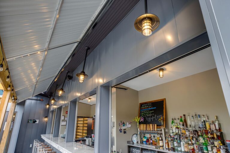 IMG 5506 fused commericial interior bar brewery atomic industrial guard stem pendant warehouse shade on standard cast guard clear glass