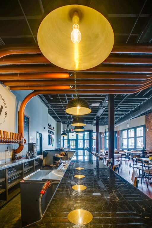 IMG 5593 fused commercial interior bar brewery loma cord pendant SBK standard black cord 100 black 997 raw brass on