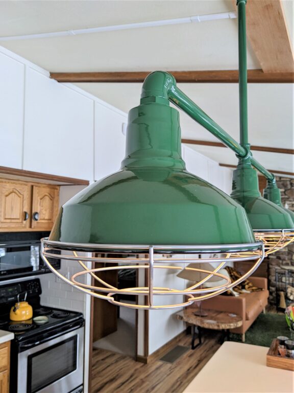 PXL 20220128 193116133 residential interior lighting kitchen island Dino 3 Light Stem Mount Pendant 12in 350 Vintage Green HSC Wire Cage 975 Galvanized 1