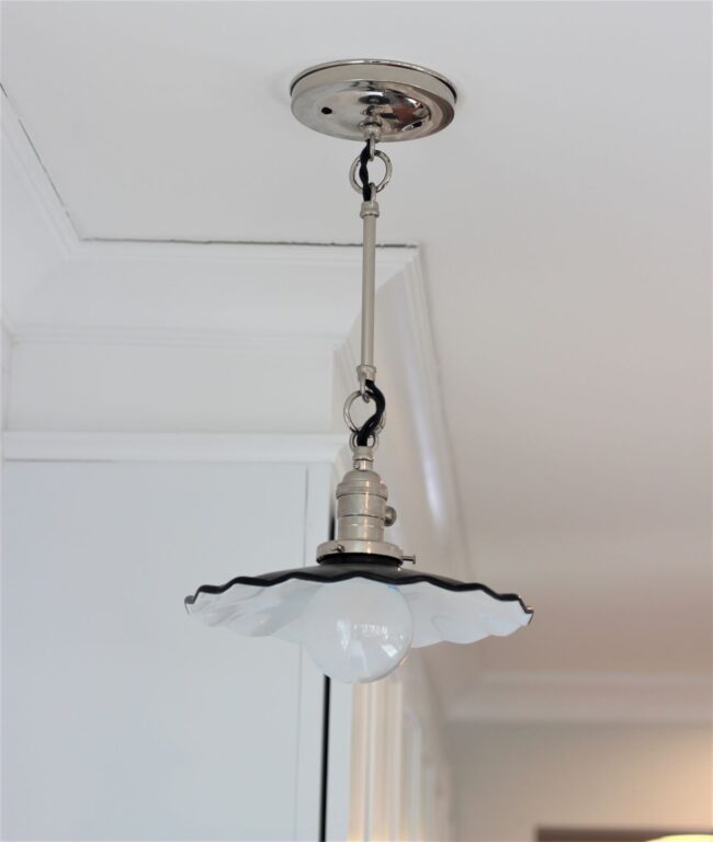 IMG 7659 residential interior kitchen lighting Fluted Shade Stem Loop 10in 100 Black Black Cotton Twist Cord Nickel Knob Switch 6in stem