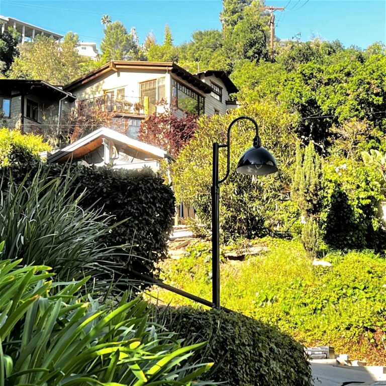 image 50781697 residential exterior lighting landscape yard Wilcox Single Post Mount 16in 150 Black TGG 250 White Frosted Glass 8ft Smooth Pole 150 Black