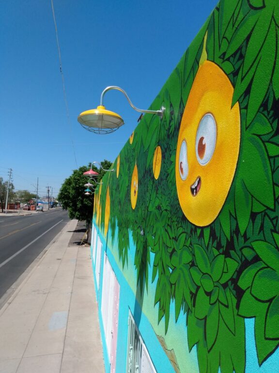 IMG 20220421 133716807 commercial exterior lighting mural Marathon Gooseneck 16in 500 Buttery Yellow G22arm 980 Brushed Aluminum Wire Cage