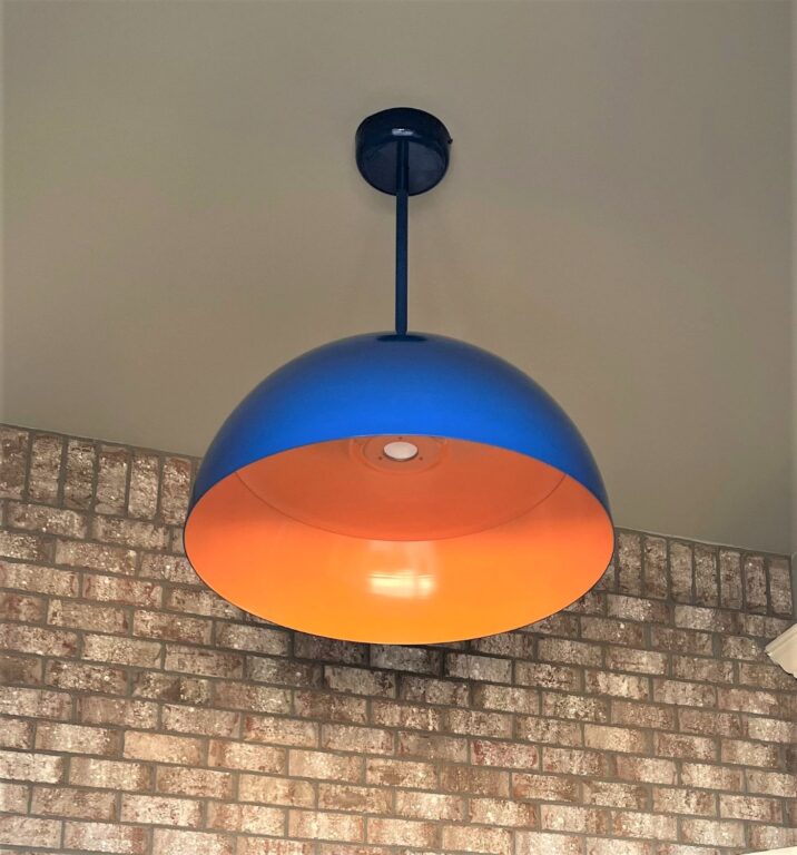 IMG 3597 residential interior office lighting Loma LED Stem Mount Pendant 28in 700 Royal Blue 495 Sherbet Orange 18in stem Flat Lens