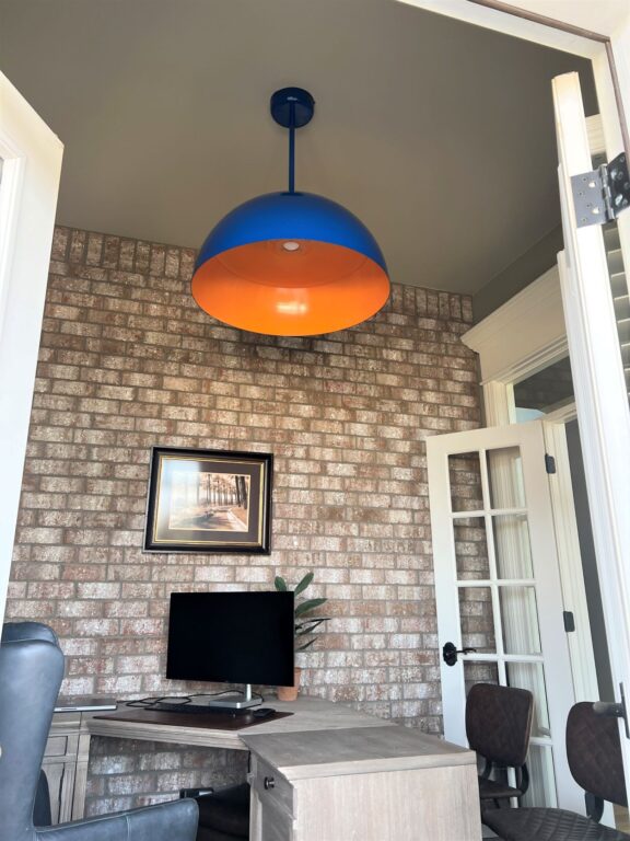 IMG 3599 residential interior office lighting Loma LED Stem Mount Pendant 28in 700 Royal Blue 495 Sherbet Orange 18in stem Flat Lens