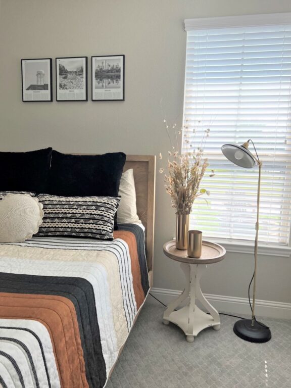 Image 1 residential interior lighting bedroom Sinclair Floor Lamp 105 Textured Black Stem 997 Raw Brass SBK Plug Switch 100 Black