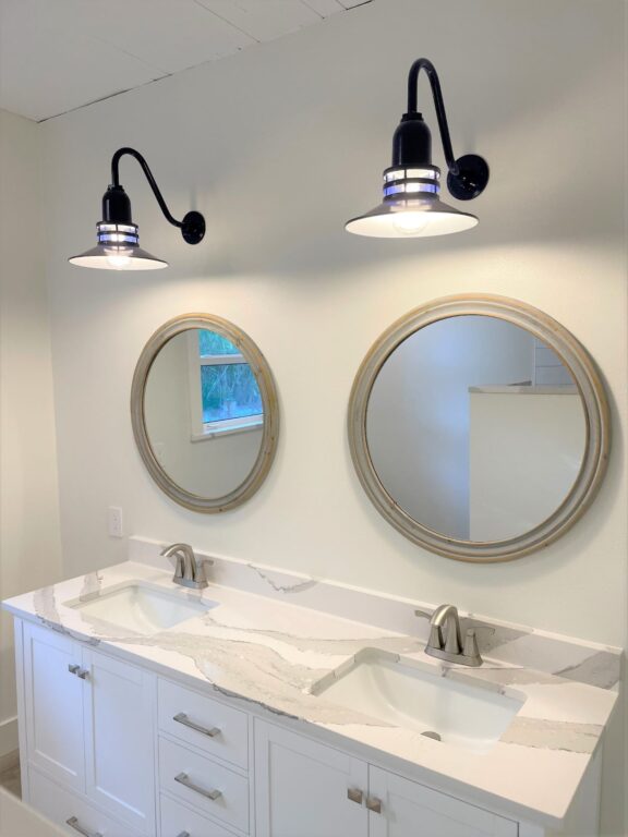 Image residential interior lighting bathroom vanity on Cherokee Uplight Gooseneck 12in 710 Cobalt Blue G26 arm Clear Glass