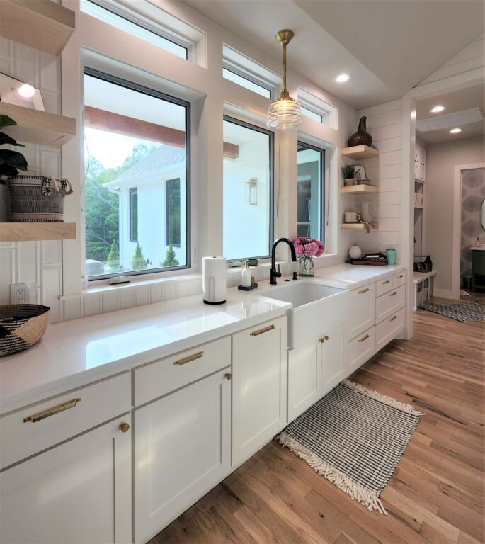 20220618 185829 residential interior kitchen lighting on Drum Schoolhouse Stem Mount Pendant Clear Glass 997 Raw Brass 18in Four Painted Bands 715 Delphite Blue