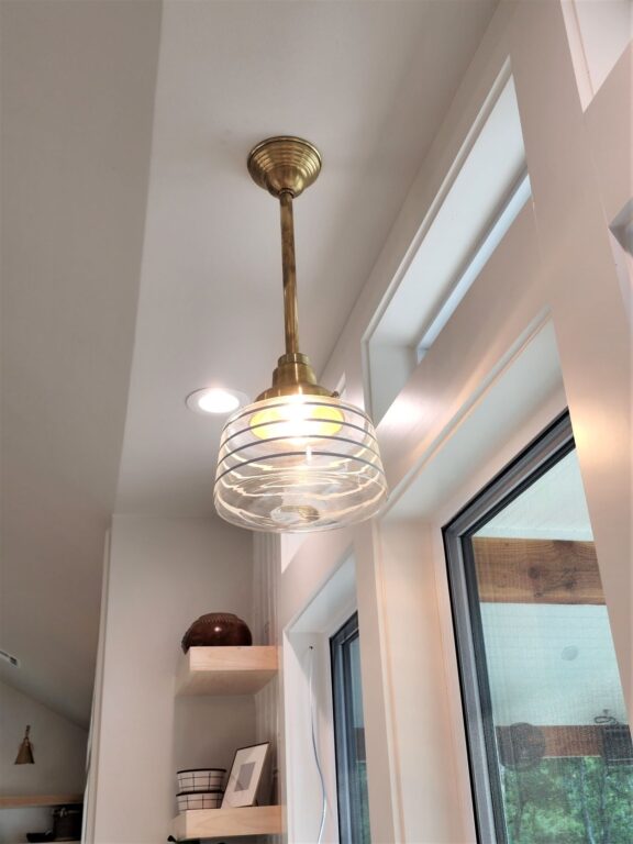 20220618 185847 residential interior kitchen lighting on Drum Schoolhouse Stem Mount Pendant Clear Glass 997 Raw Brass 18in Four Painted Bands 715 Delphite Blue