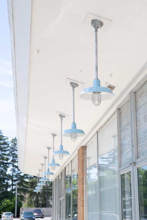 SBP84238 commercial exterior lighting retail store Original Stem Mount Pendant 16in 715 PTM Delphite Blue 24in stem Wire Guard 975 Galvanized Clear Glass Hang Straight Canopy