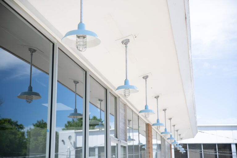 SBP84244 commercial exterior lighting retail store Original Stem Mount Pendant 16in 715 PTM Delphite Blue 24in stem Wire Guard 975 Galvanized Clear Glass Hang Straight Canopy