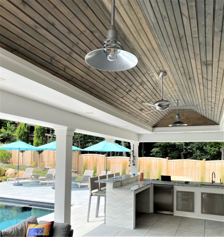 IMG 2833 residential exterior lighting porch patio outdoor kitchen Cherokee Uplight Stem Mount Pendant 16in 975 Galvanized 12in Stem Clear Glass