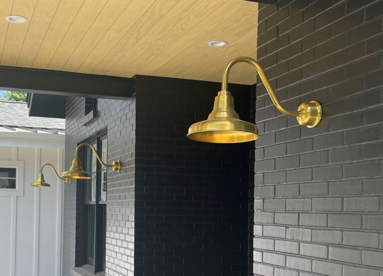 IMG 0388 residential exterior lighting porch Union Gooseneck 12in 997 Raw Brass G15arm Brass BP Hex Cover