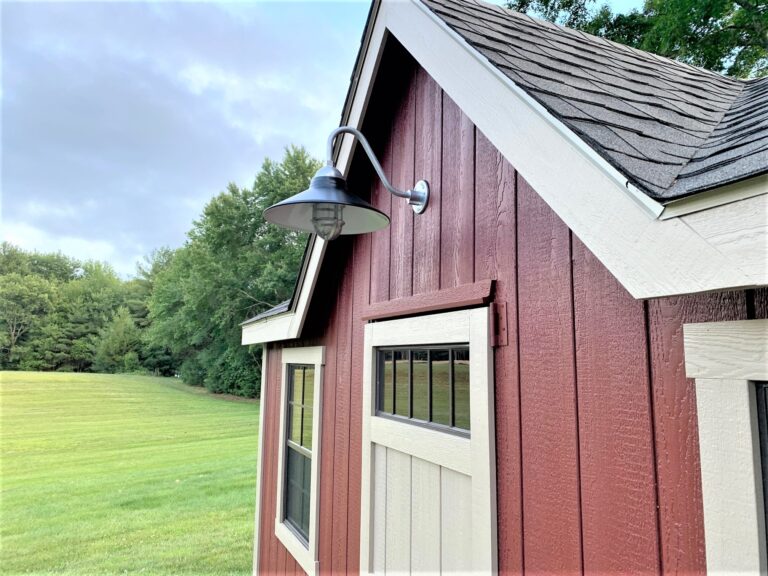 IMG 1450 residential exterior lighting shed Cleveland LED Vintage Industrial Gooseneck 16in 100 Black G26arm 975 Galvanized TGG Clear Glass