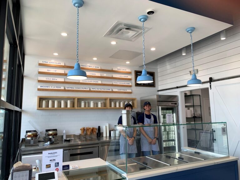 IMG 1493 commercial interior lighting ice cream parlor Esso LED Chain Hung Pendant 765 Delphite Blue SWH Flat Lens