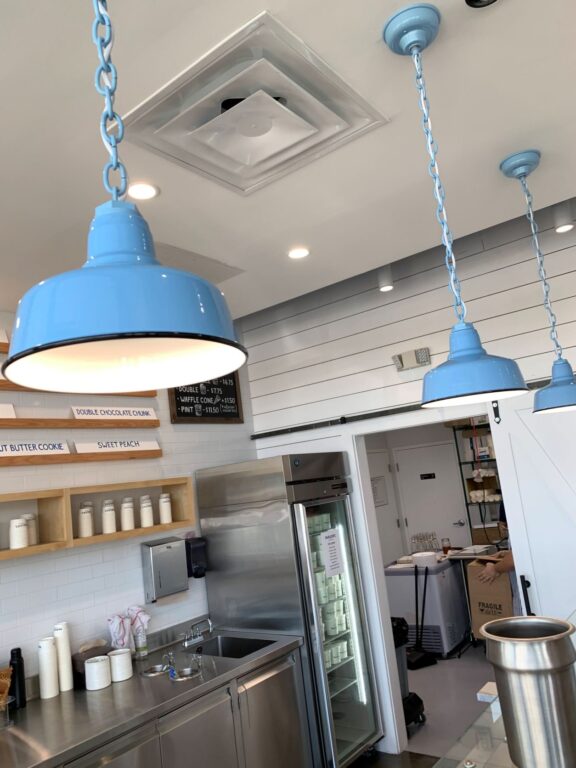 IMG 1504 commercial interior lighting ice cream parlor Esso LED Chain Hung Pendant 765 Delphite Blue SWH Flat Lens