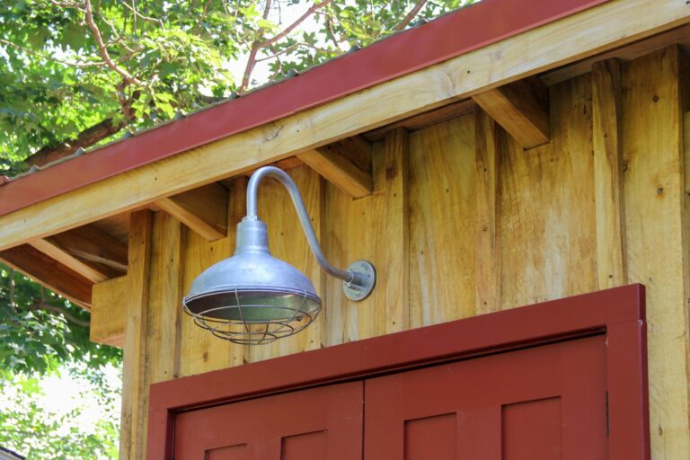 IMG 6990 residential exterior lighting shed Dino Gooseneck 14in 975 Galvanized G22arm Wire Cage