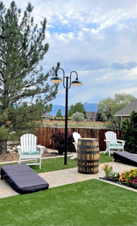 image4 residential exterior lighting yard cornhole Avalon LED Double Post Mount 16in 100 Black Wire Cage 975 Galvanized 10ft fluted pole 100 Black Flat Lens