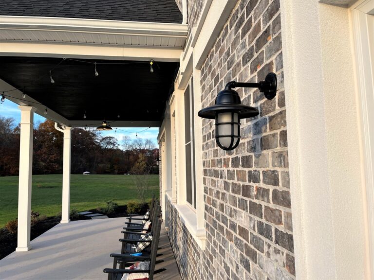 IMG 3882 residential exterior lighting on entryway Industrial Guard Sconce 100 Black Warehouse Shade Heavy Duty Guard Frosted Glass