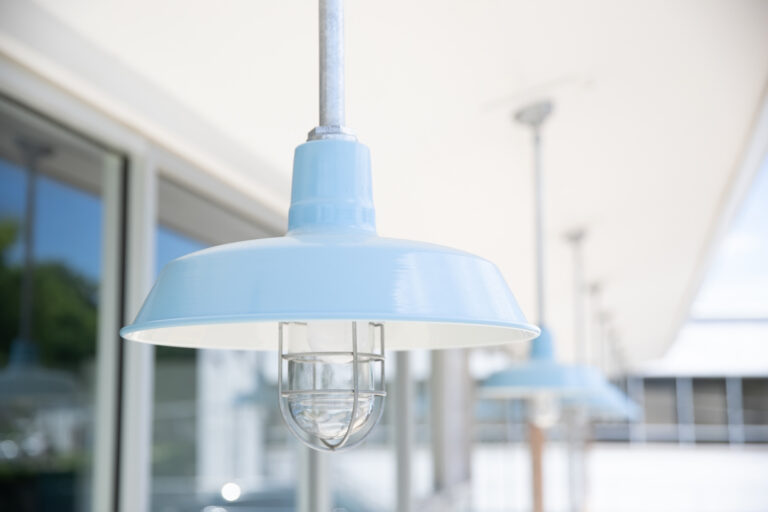 SBP84246 commercial exterior lighting retail store Original Stem Mount Pendant 16in 715 PTM Delphite Blue 24in stem Wire Guard 975 Galvanized Clear Glass Hang Straight Canopy