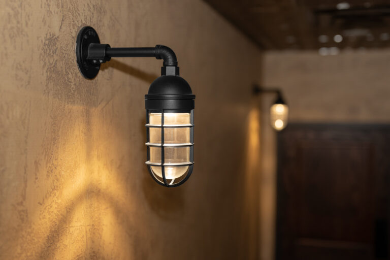 DSC06901 commercial interior lighting on stairway hallway Industrial Guard LED Sconce 105 Textured Black CGG Clear Glass