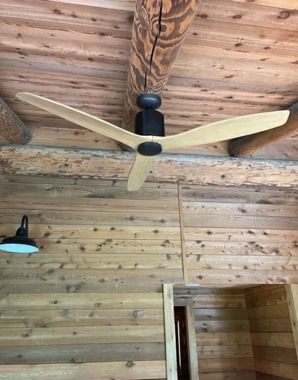 image1 residential interior ceiling fan cabin wood LeatherLuxe DC Ceiling Fan Dark Bronze Black Maple Standard Downrod
