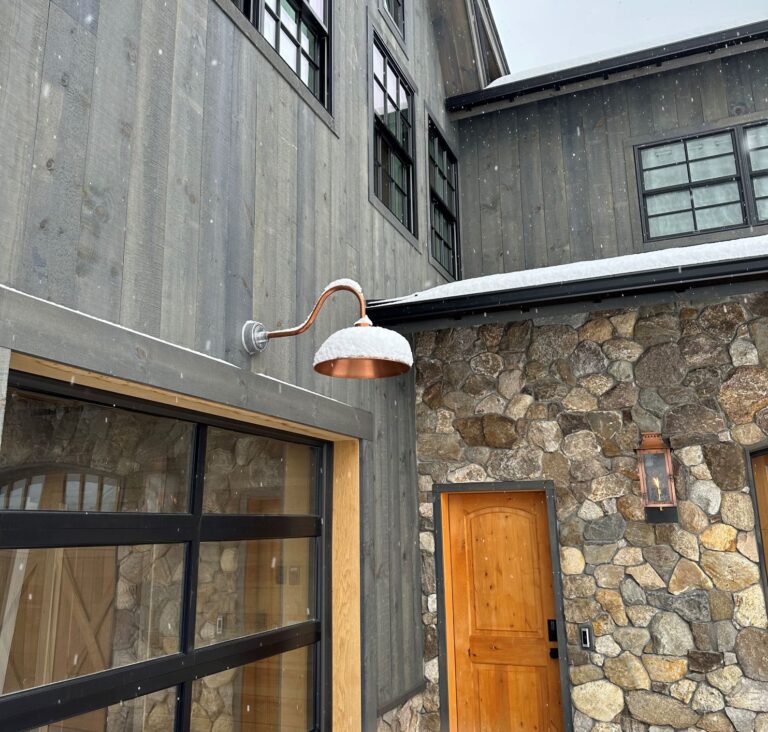 IMG 1411 residential exterior lighting barn snow Original LED Gooseneck 995 Raw Copper 18in G22arm