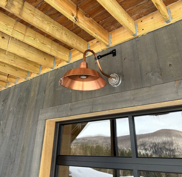 IMG 1593 residential exterior lighting barn snow Original LED Gooseneck 995 Raw Copper 18in G22arm Support Arm 106 Matte Black