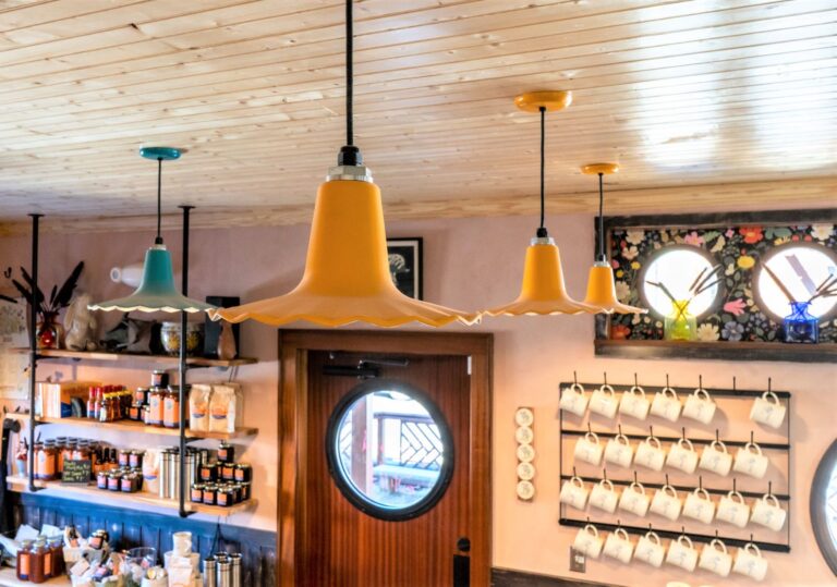 DSC00207 commericial interior lighting on coffee shop Seaside Pendant 12in 570 Sunflower 16in 390 Teal SBK