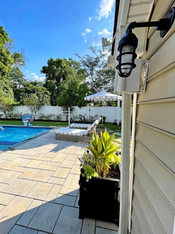 IMG 0188 residential exterior lighting patio pool porch Industrial Guard Sconce 105 Textured Black No Shade TGG Ribbed Glass