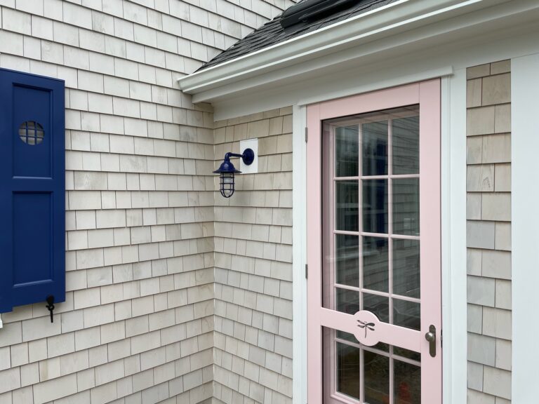 IMG 2922 residential exterior lighting entryway porch Industrial Guard Sconce 710 Cobalt Blue Flared Shade CGG Clear Glass