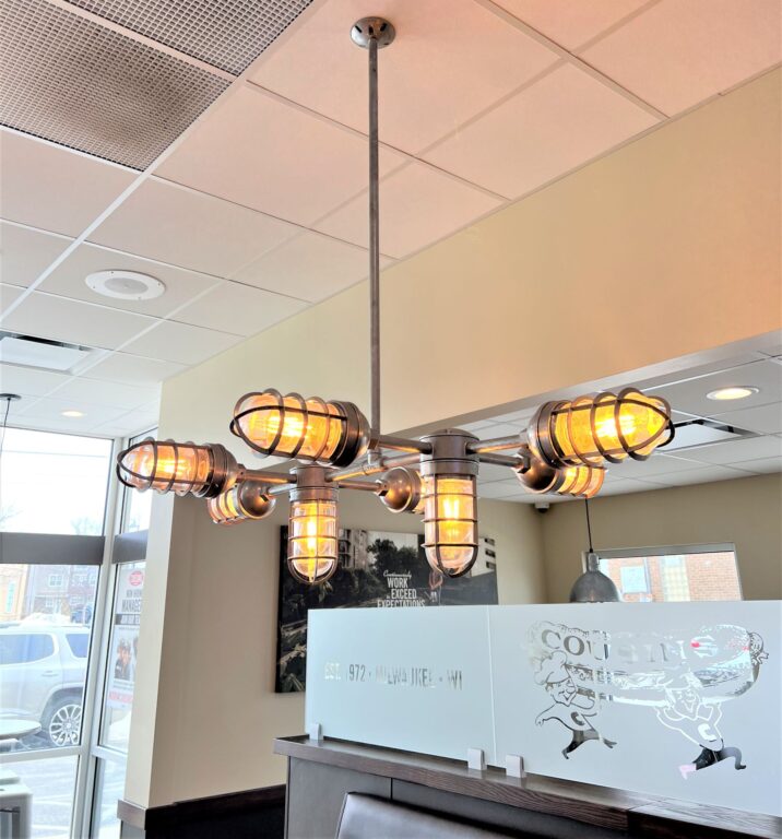 IMG 3044 commercial interior lighting on restaurant Mercury 8 Light Chandelier 975 Galvanized 36in stem CGG Clear Glass