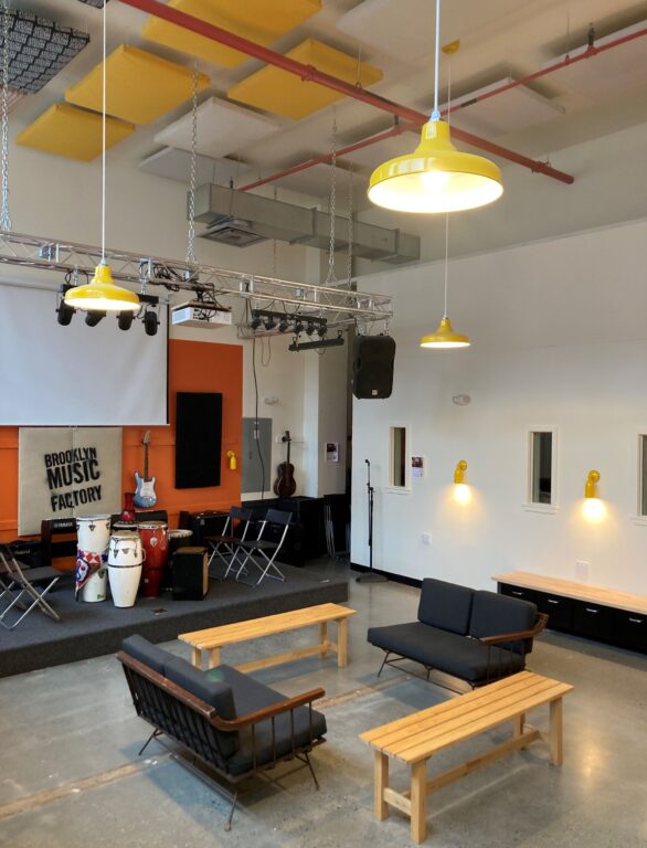 IMG 3846 commercial interior lighting on music studio Union LED Pendant 16in 500 Buttery Yellow SWH Domed Lens 1