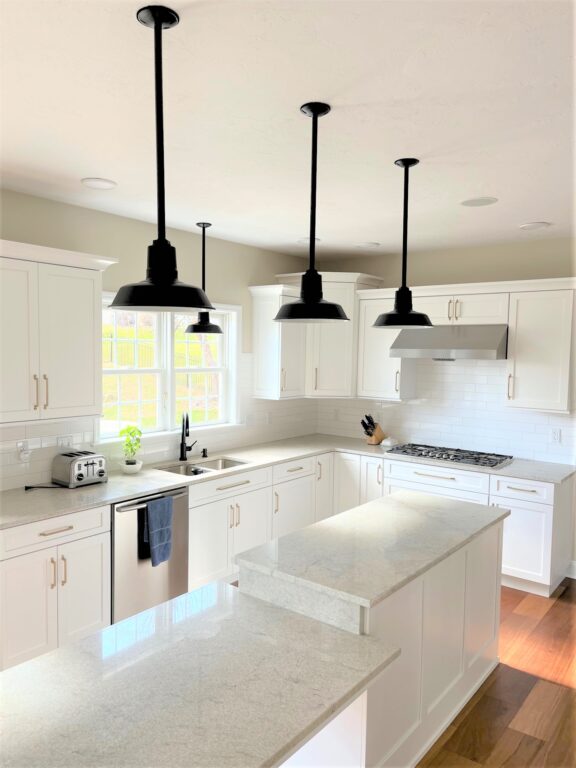 IMG 1385 residential interior lighting kitchen island sink Original Stem Mount Pendant 12in 105 Textured Black 24in stem