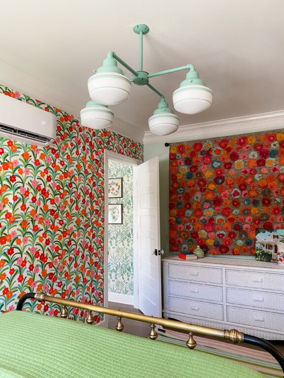 IMG 4574 residential interior lighting bedroom wallpaper Primary 4 Light Straight Arm Schoolhouse Chandelier Small Opaque 311 Jadite 12in Stem PB3 311 Jadite