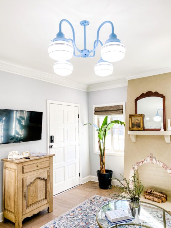 IMG 4577 residential interior lighting living room Primary 4 Light Schoolhouse Chandelier Small Opaque 715 Delphite Blue 12in stem PB3 715 Delphite Blue