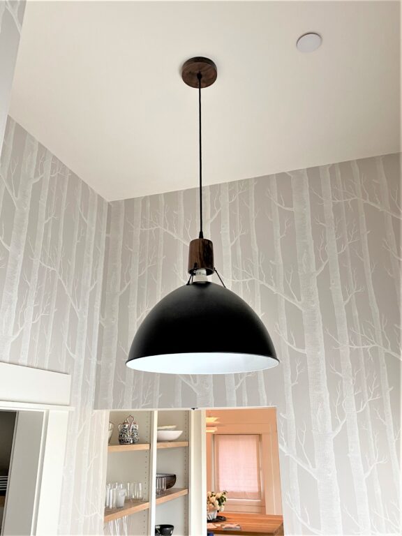 IMG 9383 residential interior lighting kitchen Wilcox Uplight Wooden Top Pendant 18in 100 Black Walnut Wood SBK Walnut Canopy